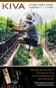KIVA STORE TAKE OVER - farmer tends cannabis plants in greenhouse, chocolate and terra bite product shot