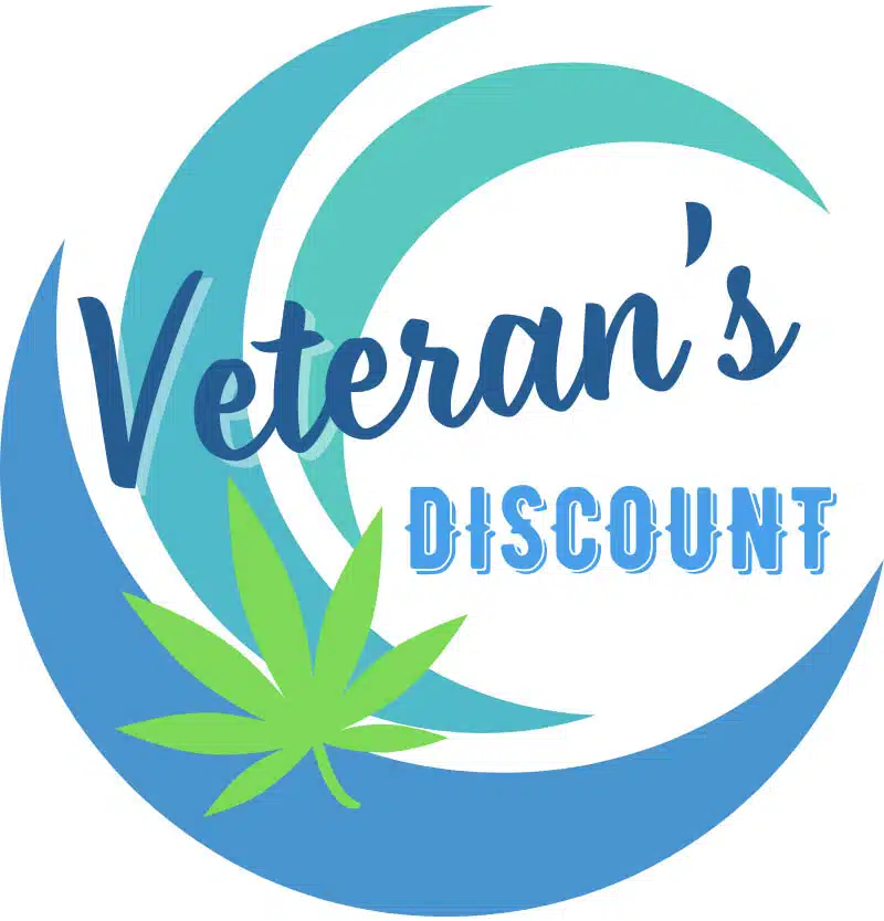 Veteran's Discount with cannabis leaf over abstract circular wave design